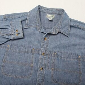 LL Bean Shirt Mens XL Blue Chambray Denim Button Front Workwear Pockets